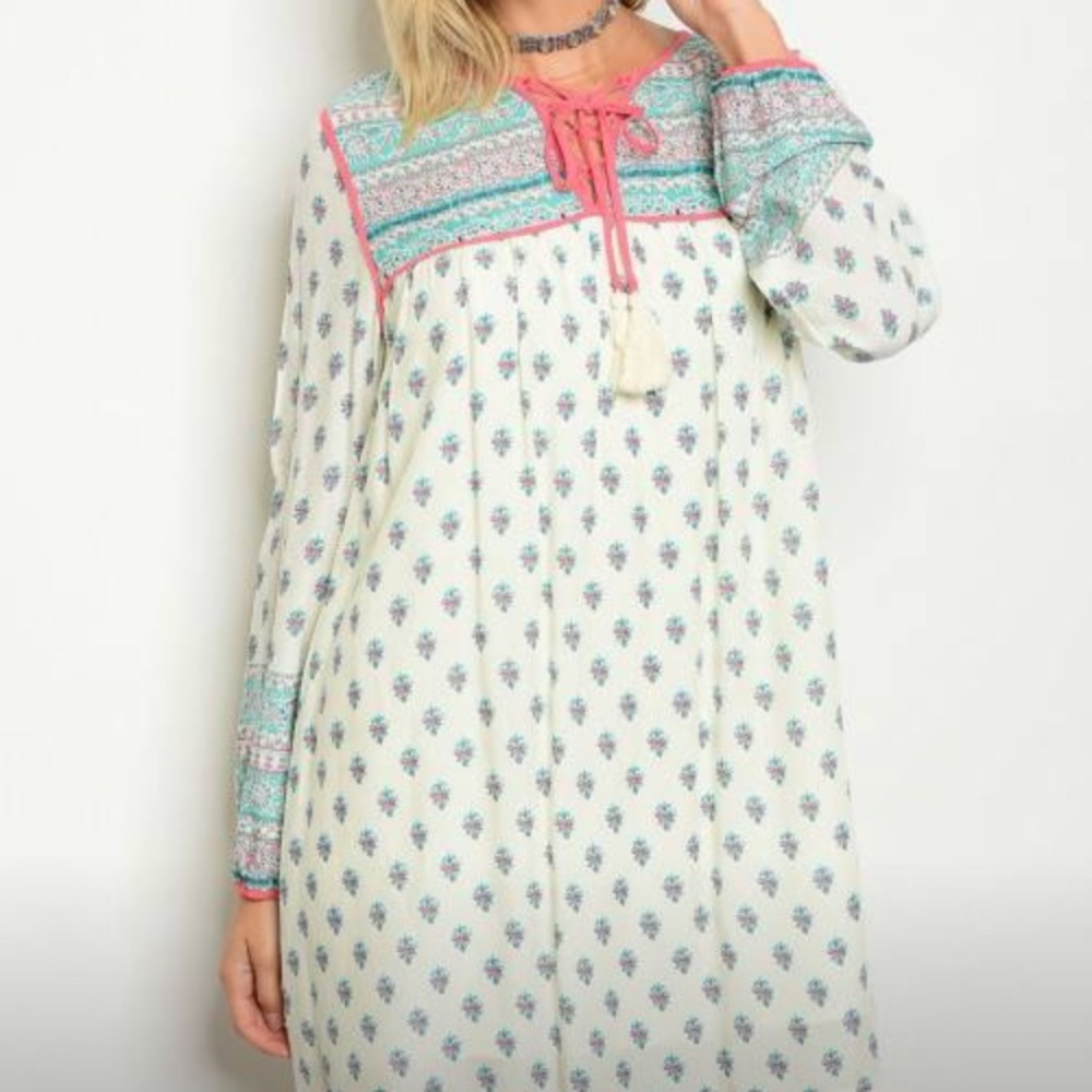 Cream, Teal & Coral Dress